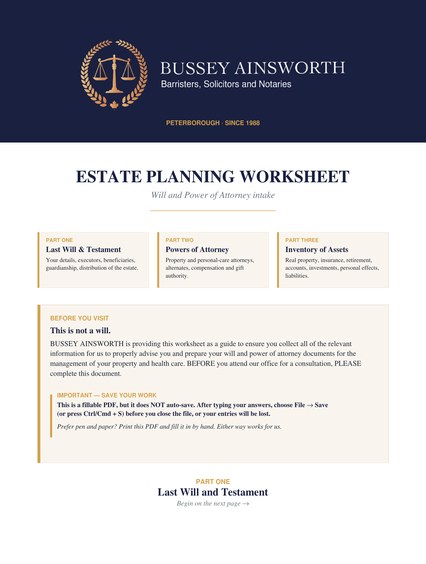 Ontario Estate Planning Worksheet